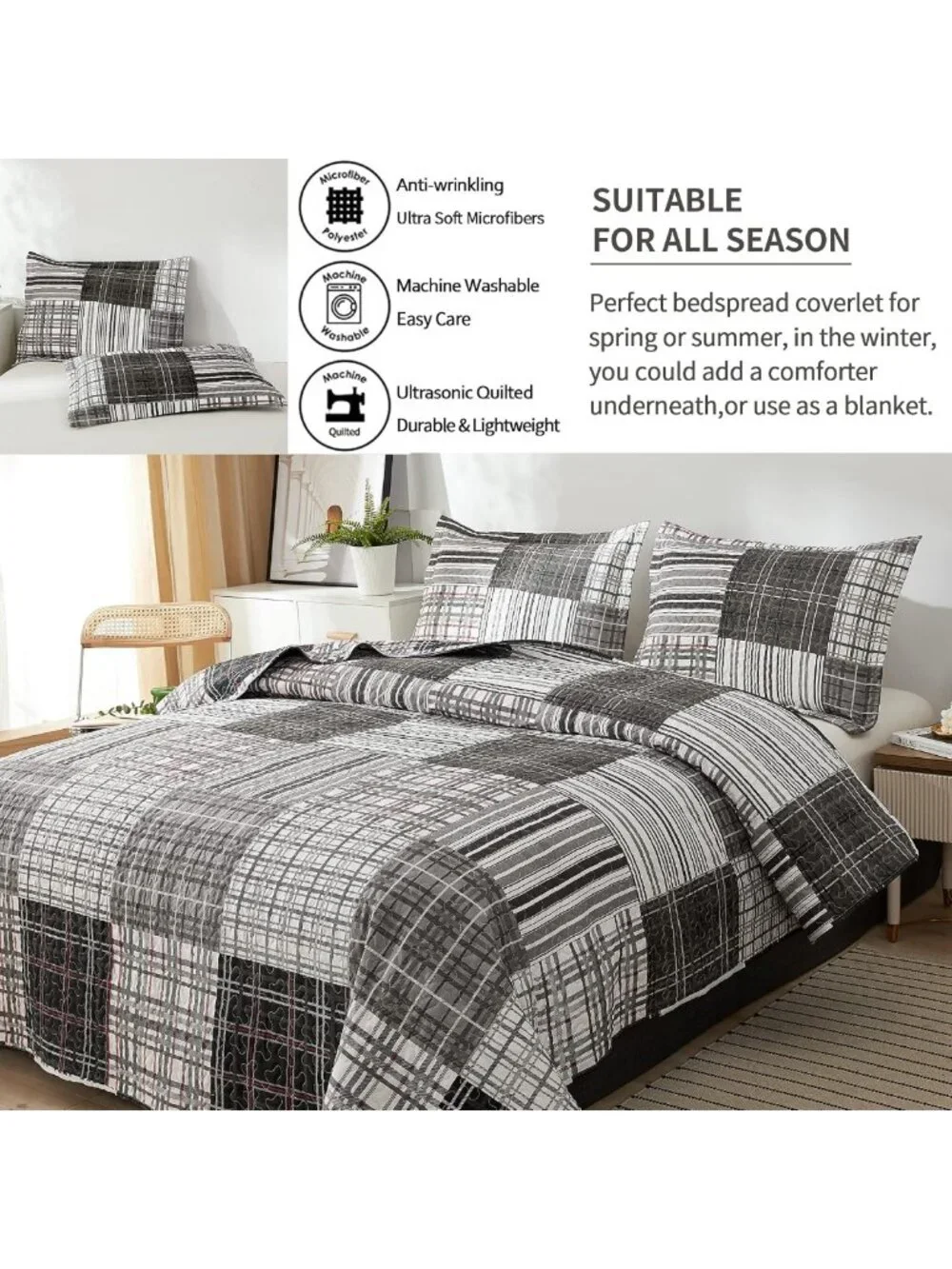 Twin Size Plaid Quilt Set - Black White Grey Reversible Bedspread, Soft